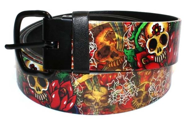 Biker Skull Dagger & Roses Tattoo Leather Belt