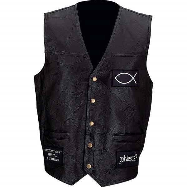 Genuine leather vest with christian patches