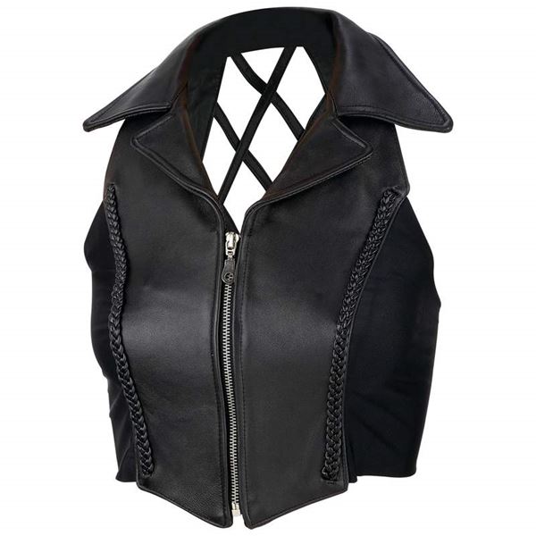 Ladies solid leather vest with crosshatch back
