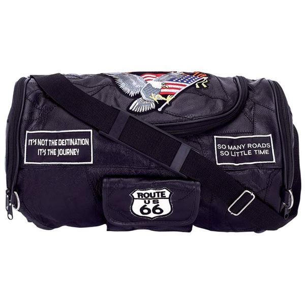 Buffalo Leather Motorcycle Barrel Bag with Patches