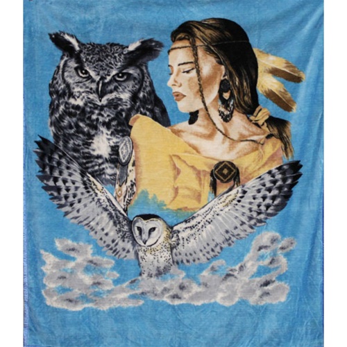 Queen Size Blanket Indian Maiden with Owls