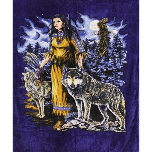 Queen Size Blanket Indian with Wolves